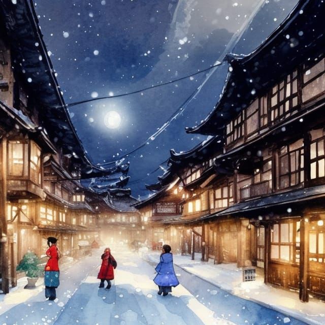 Winter Onsen Town Street: Watercolor Illustration