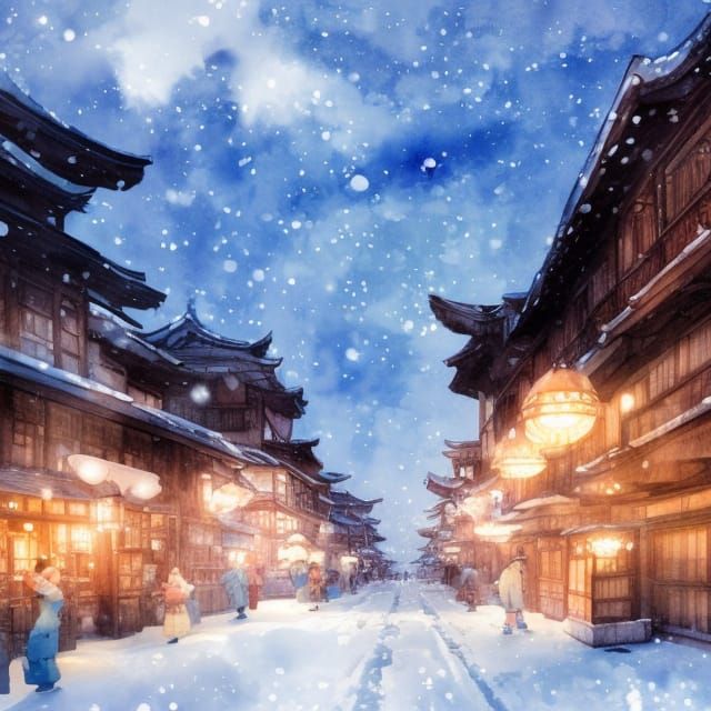 Winter Onsen Town: Watercolor Book Illustration