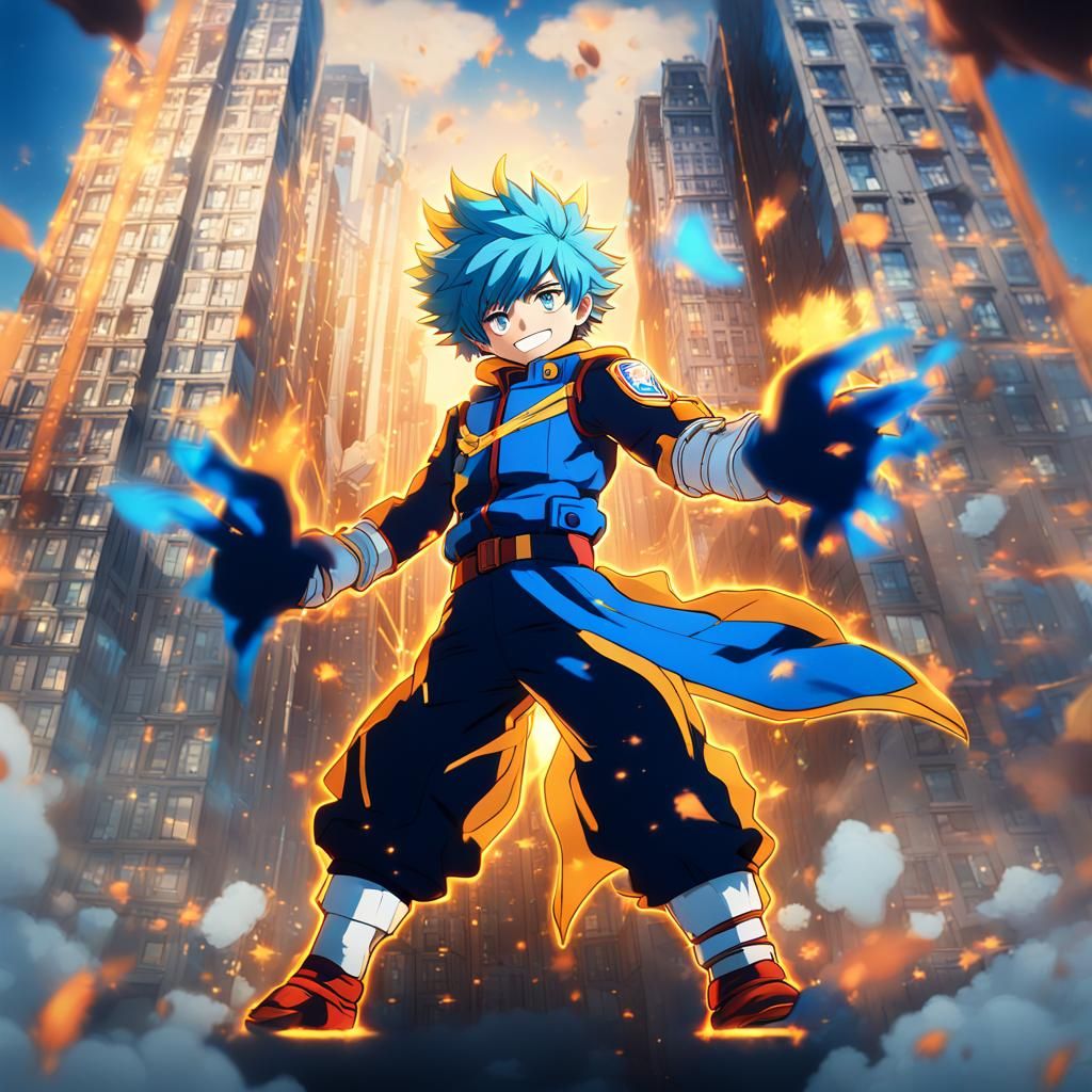 Blue-Haired Hero with Quirks in My Hero Academia Style