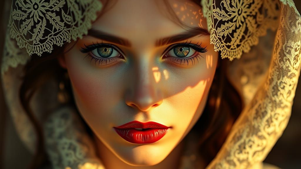 Woman in Lace Veil with Green Eyes