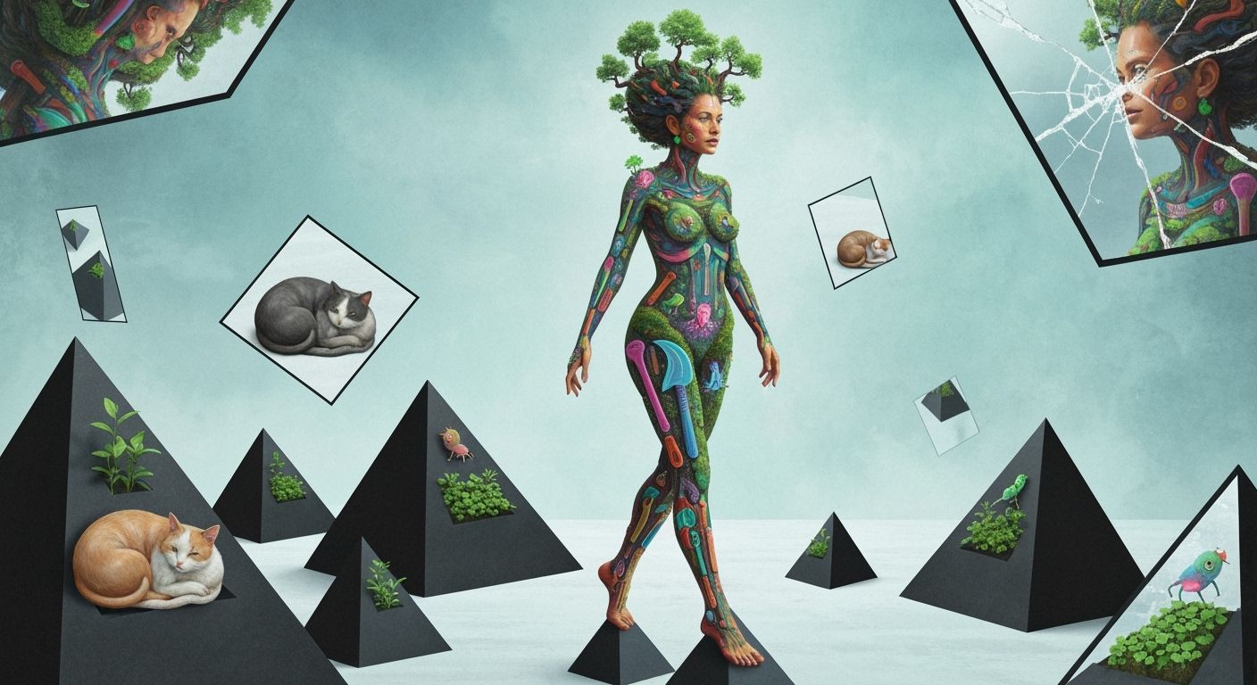 Mystical Woman on Pyramids, Bio-Art Collage Style