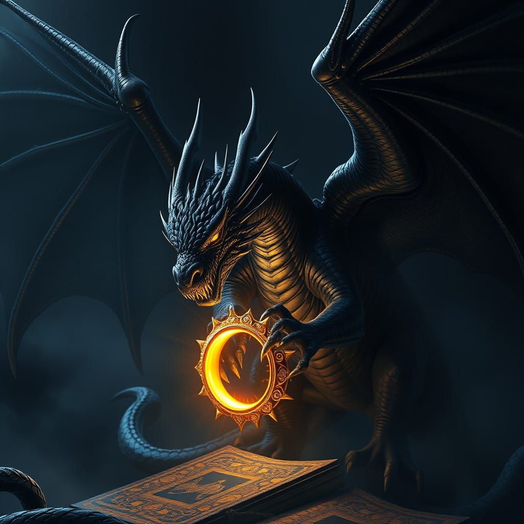 Majestic Black Dragon in Rich Darkness, Illuminated by Ether...