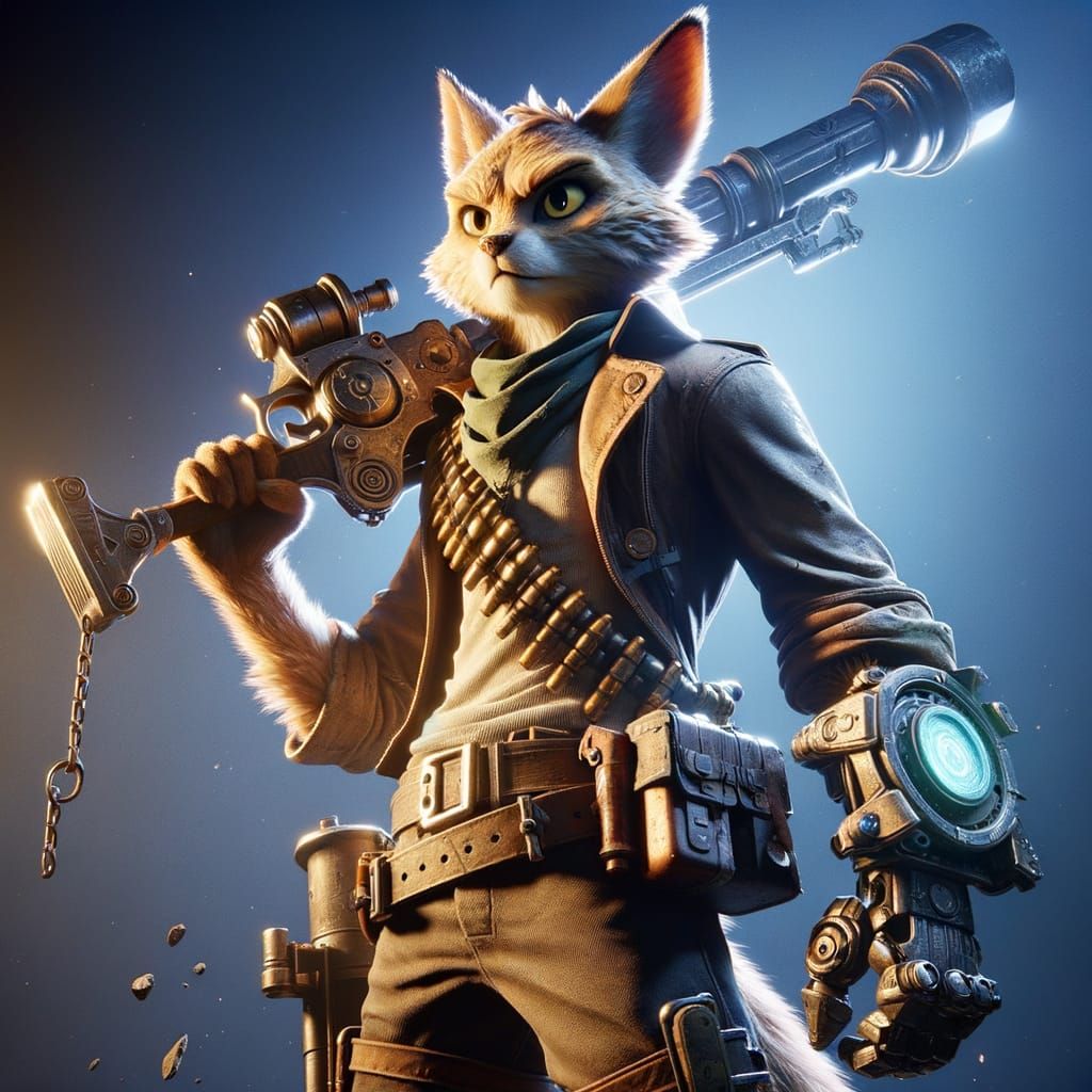 Epic Feline Adventurer with Mechanical Wrench, in 8K Cyberpu...