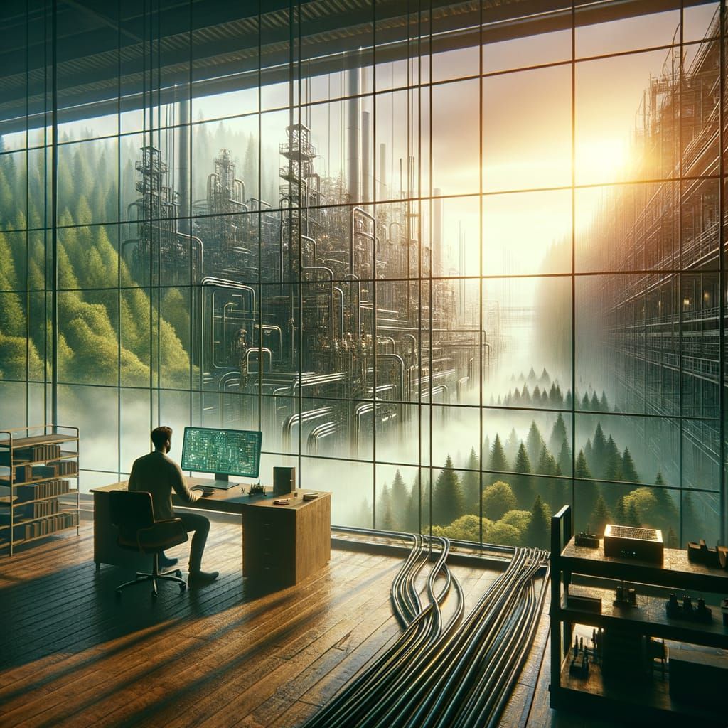 Man Uses Advanced AI Amidst Nature and Industry