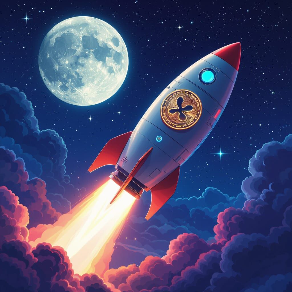 XRP Rocket Soaring Through Starry Night Sky
