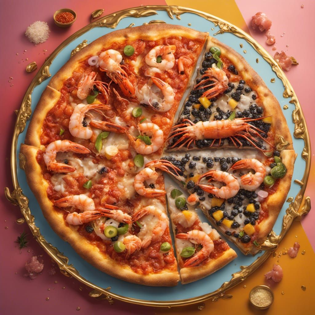Hyperrealistic Seafood Pizza on Golden Plate