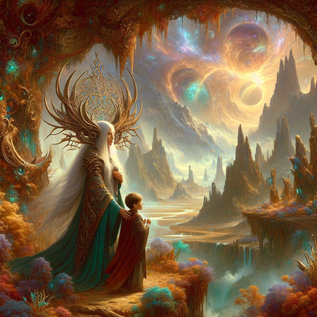 Nephilim Mother and Son in Fantastical Matte Painting