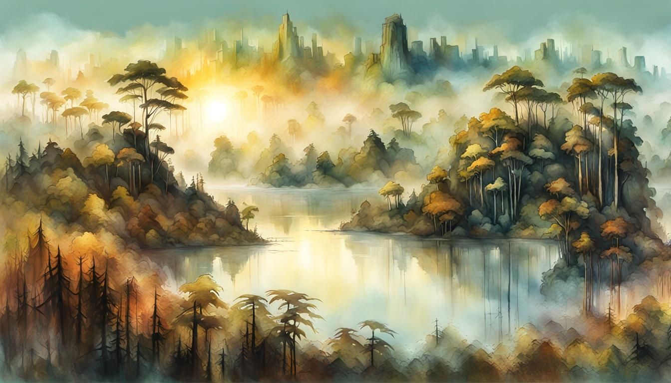 Misty Rainforest Panorama at Golden Hour