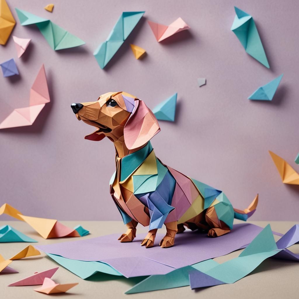 Origami Dachshund Digital Sculpture in Pastel Colors