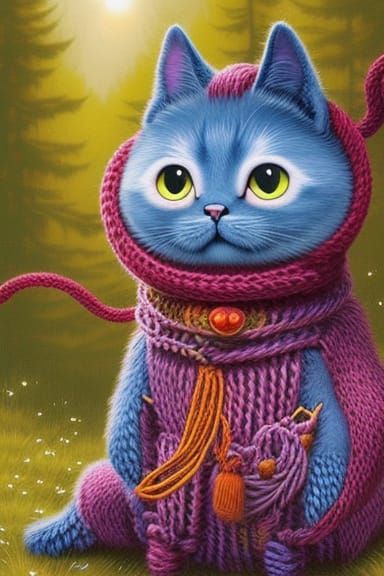 Whimsical Yarn Monster Cat in Comic Book Art
