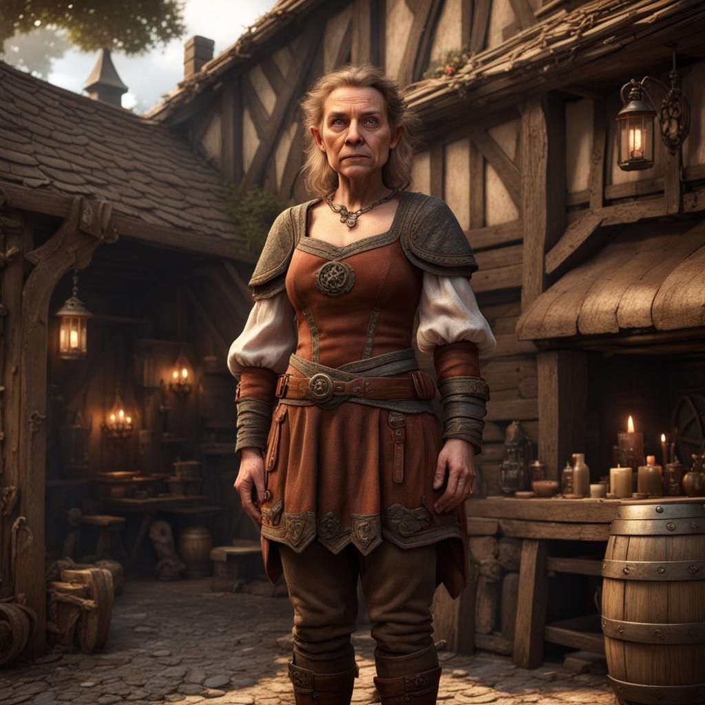 Halfling Dwarf Hybrid in Front of Tavern