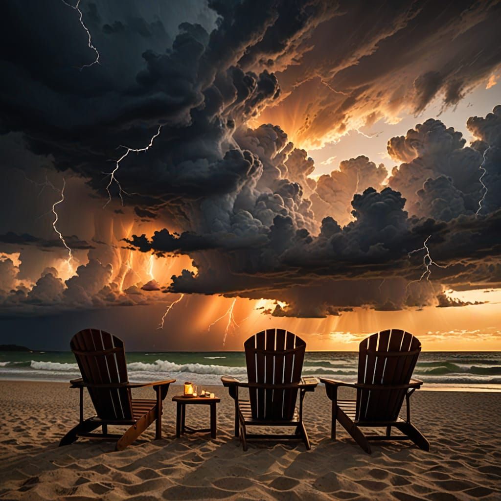 Stormy Sunset Beach with Adirondack Chairs
