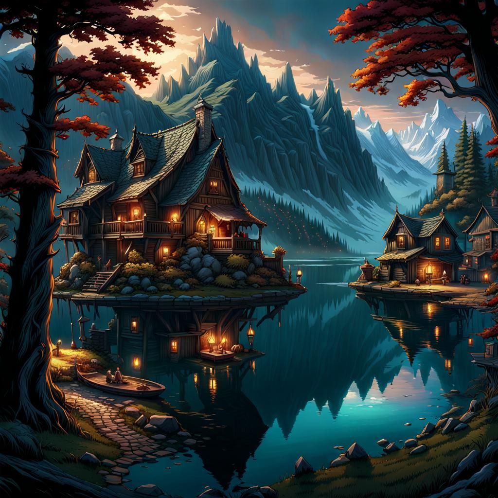 Haunted Mountain Village in Dark Fantasy Style