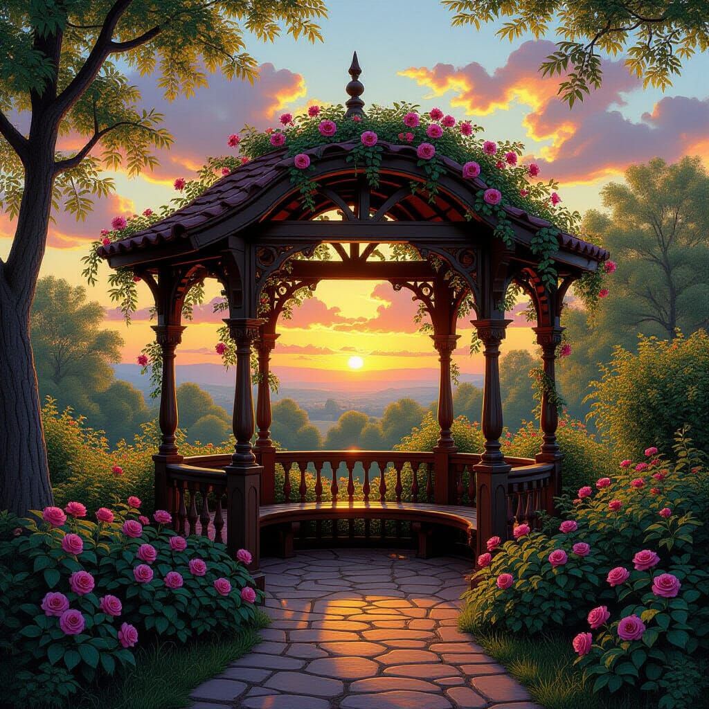 Ornate Love Shelter in Country Garden at Sunset