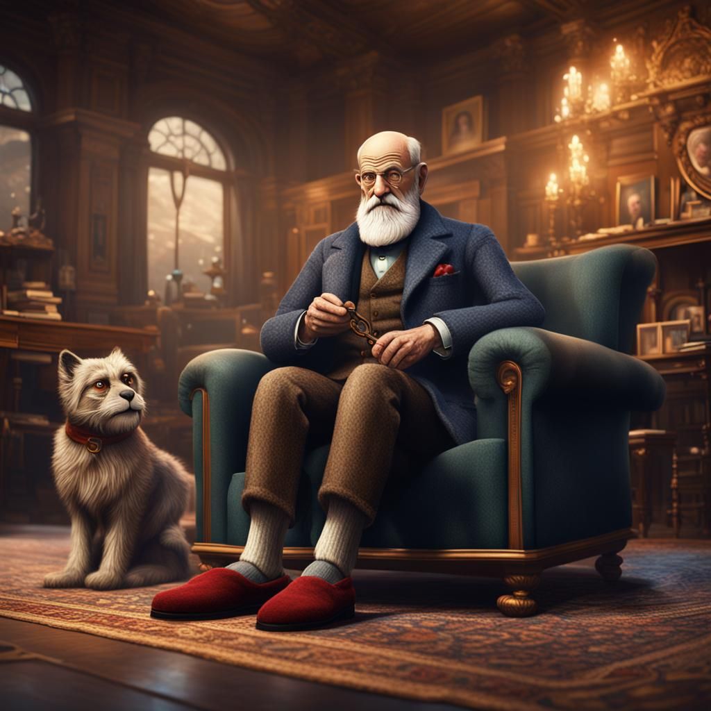 Sigmund Freud Portrait with Furry Slippers