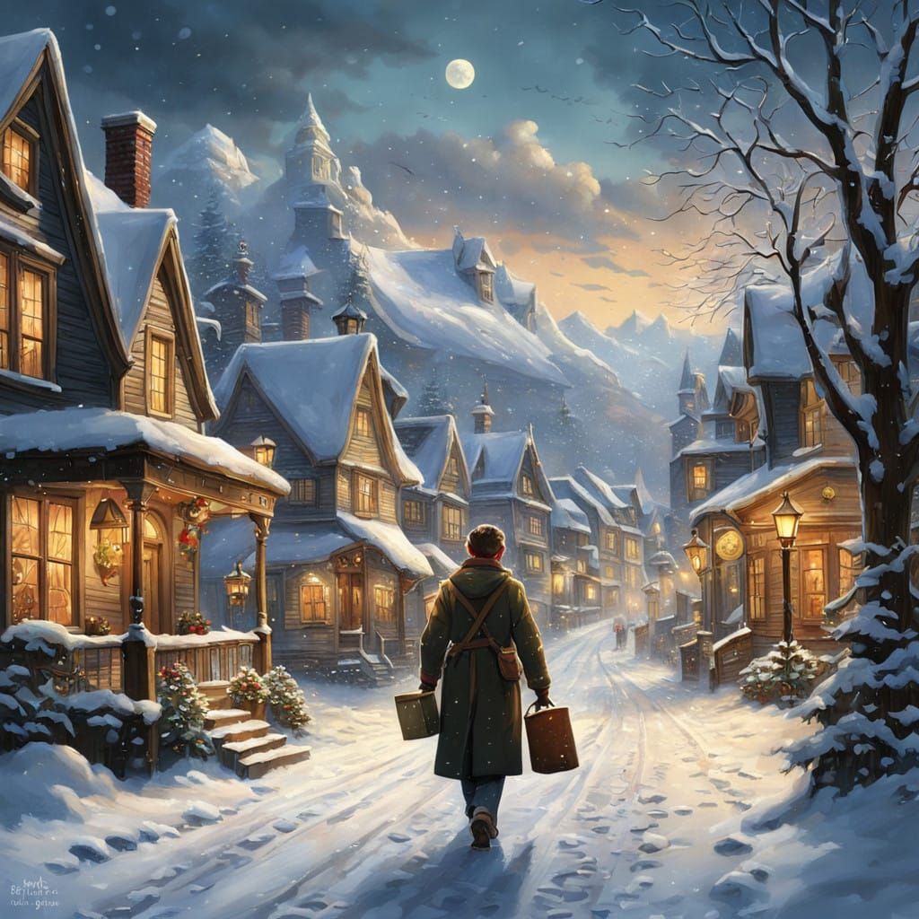 Young Boy Delivers Magic of Christmas in a Snowy, Storybook....