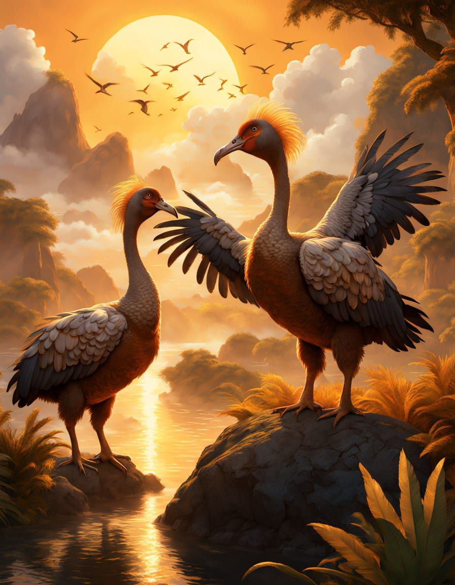 Dodos Fly Over Prehistoric Island at Golden Hour