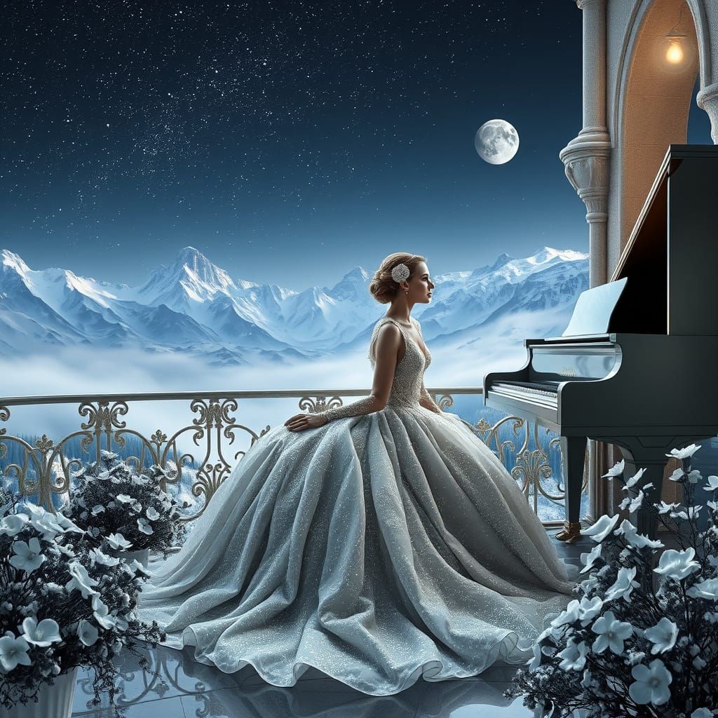 Romantic Portrait: Woman at Piano in Silver Castle