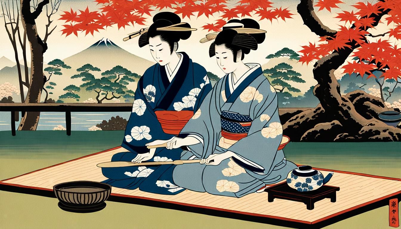 Serene Tea Ceremony in Ukiyo-e Style Garden