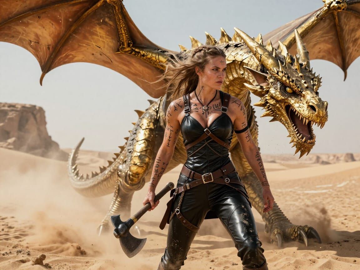 Viking Warrior Woman in Desert Battle