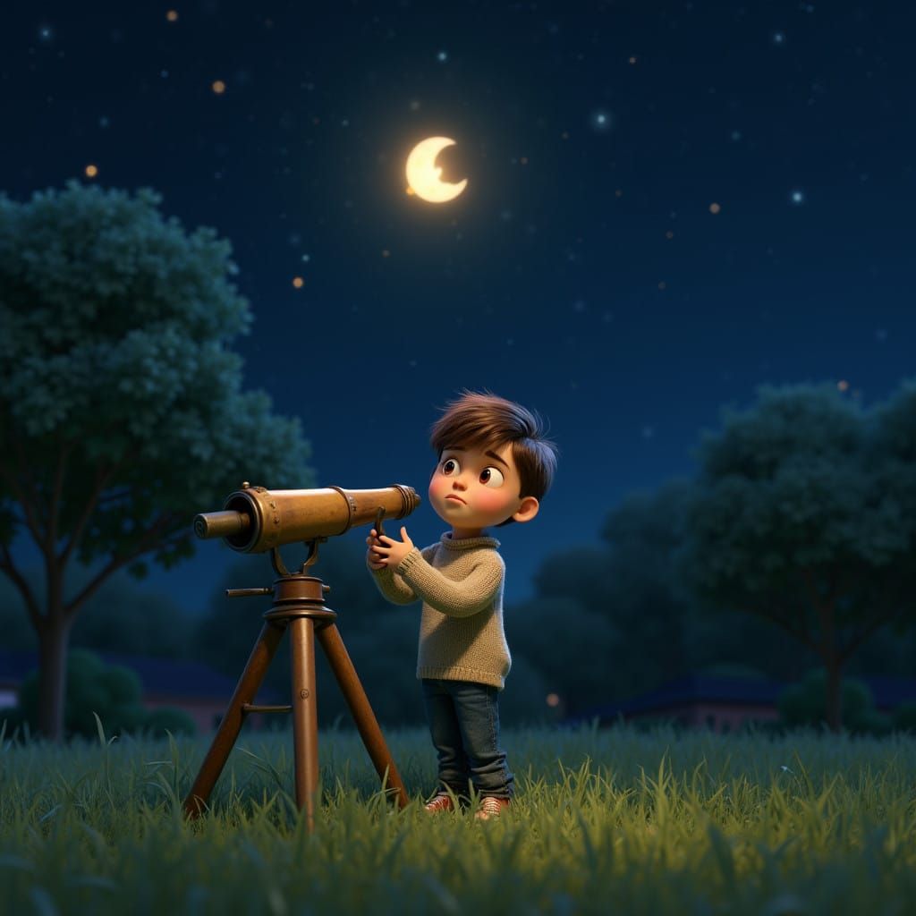 Boy Peers Through Telescope as Glowing Star Fades into Black...