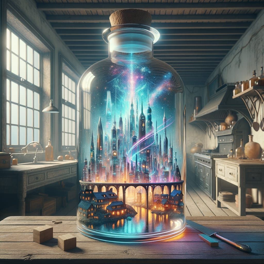 Futuristic City in Magic Bottle Over 19th Century Kitchen