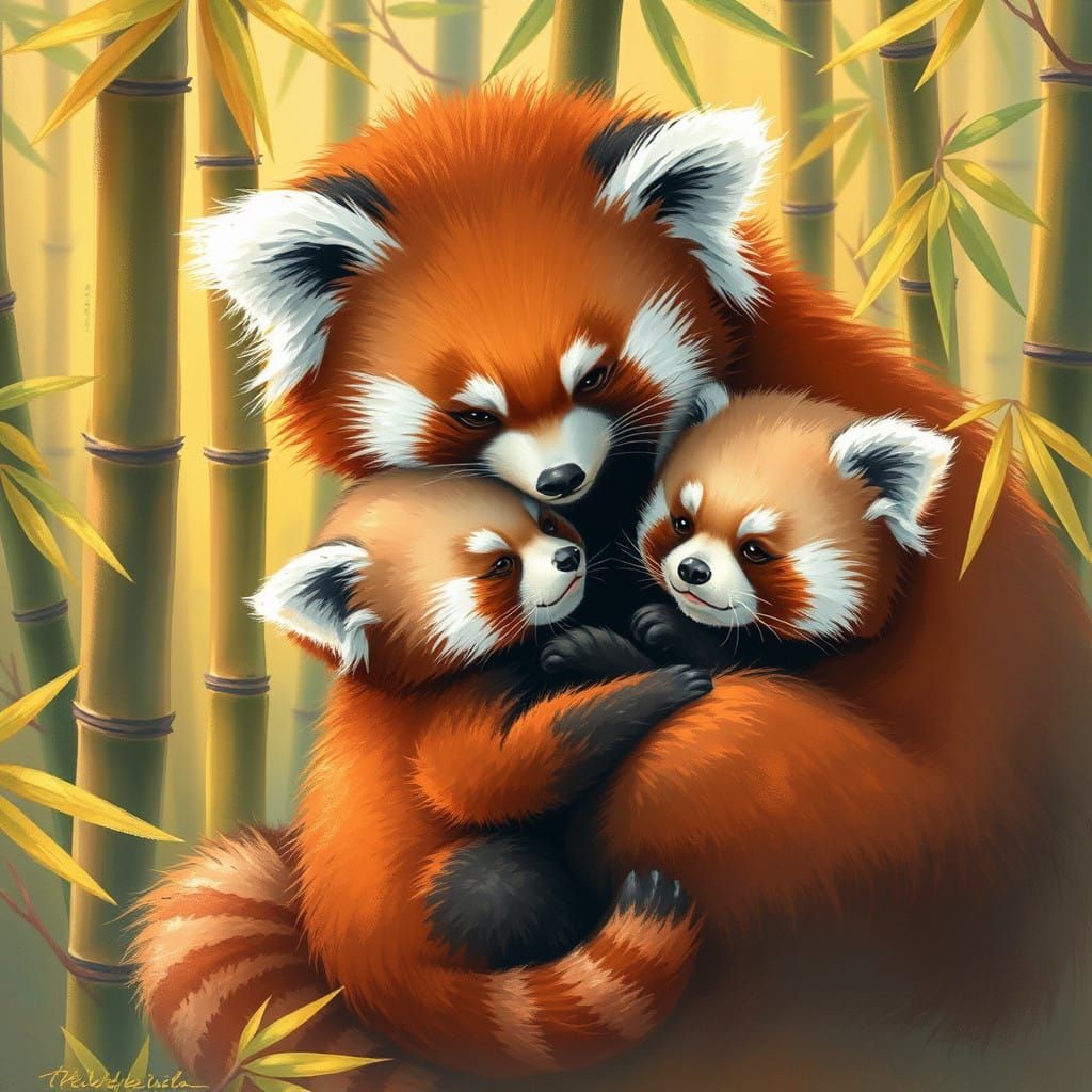 Whimsical Red Panda Mother and Kit in Bamboo Forest