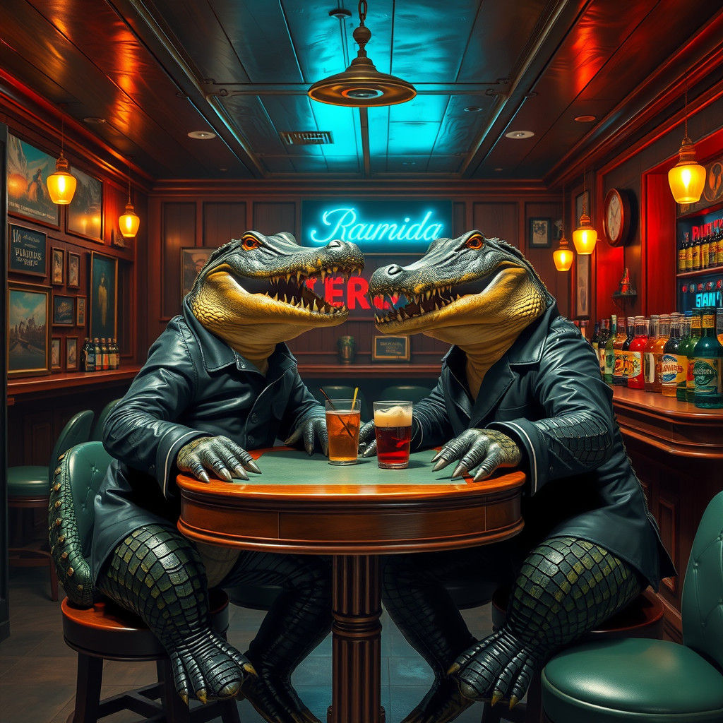 Shark and Crocodile Play Foosball in Bar
