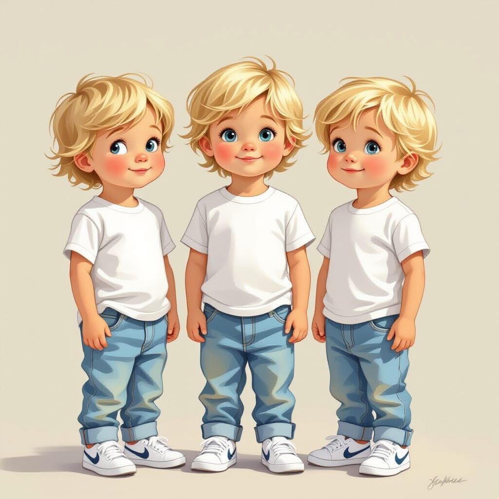 Three Blonde Twins in Playful Children's Book Style