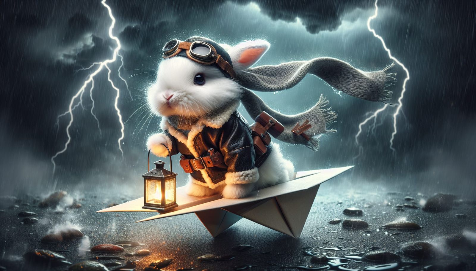Adorable Bunny Pilot Flies Paper Plane Through Stormy Sky