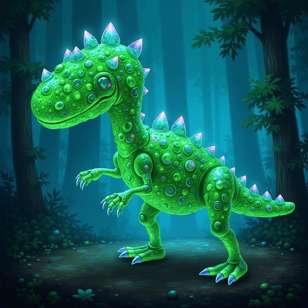 Emerald Sapphire Dinosaur in Bioluminescent Jungle