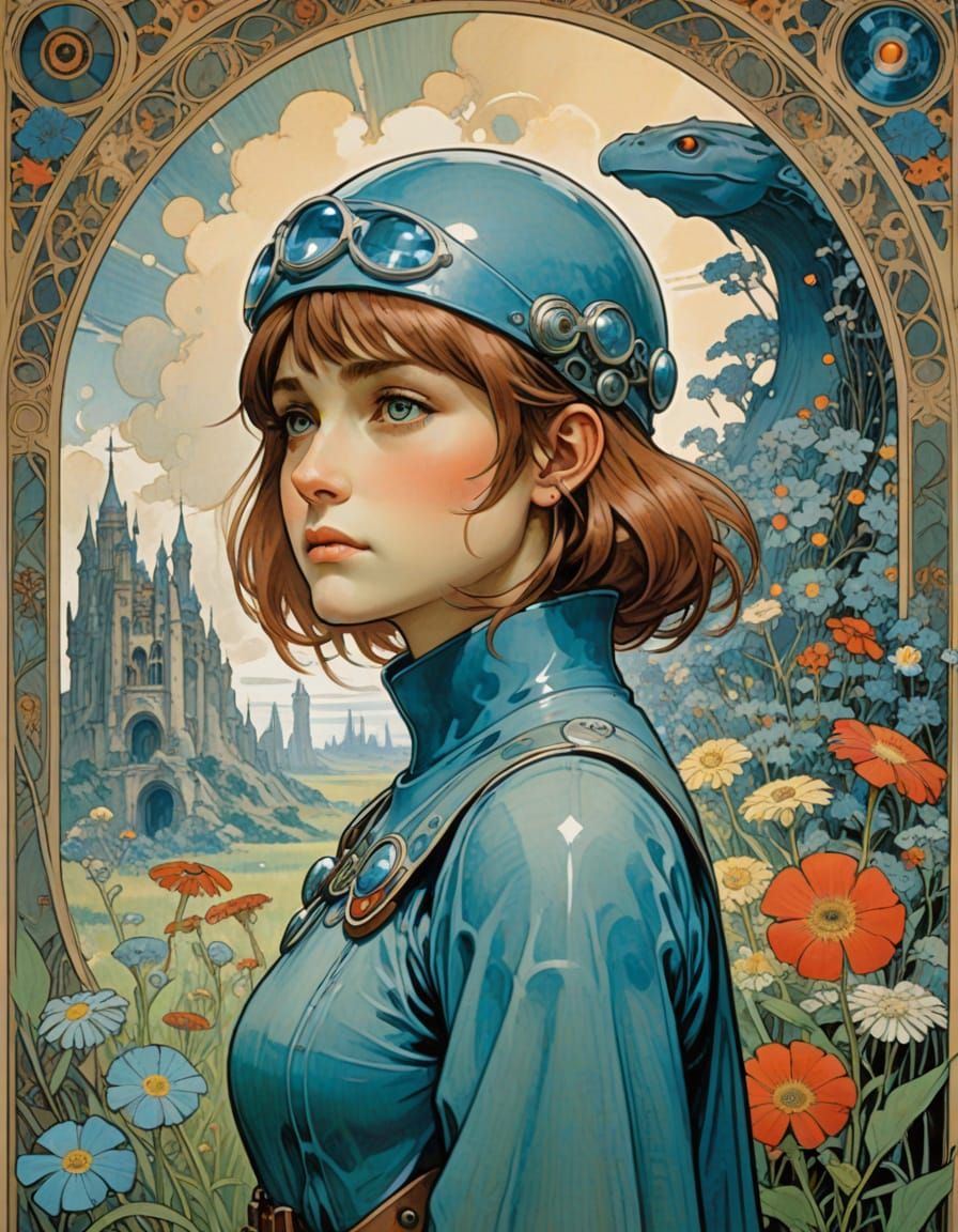 Princess in Art Nouveau Style with a Dreamlike Landscape