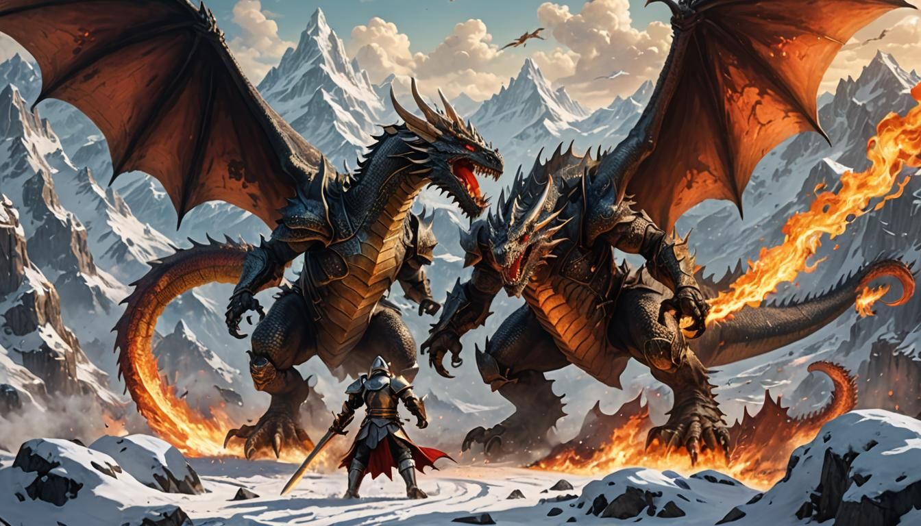 Winged Knight and Dragon Battle in High Fantasy