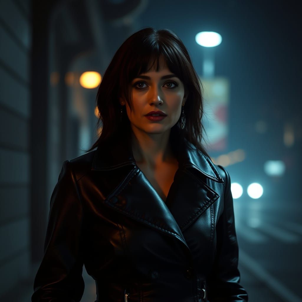Hyperrealistic Portrait of a Woman in a Fitted Leather Coat