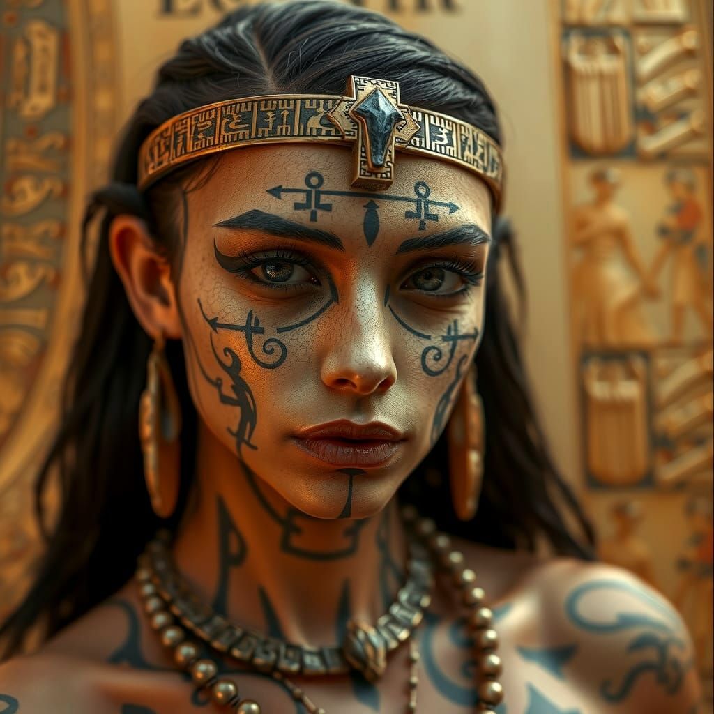 Ancient Hieroglyphic Tattoos Adorn Human Skin in Dark, Myste...