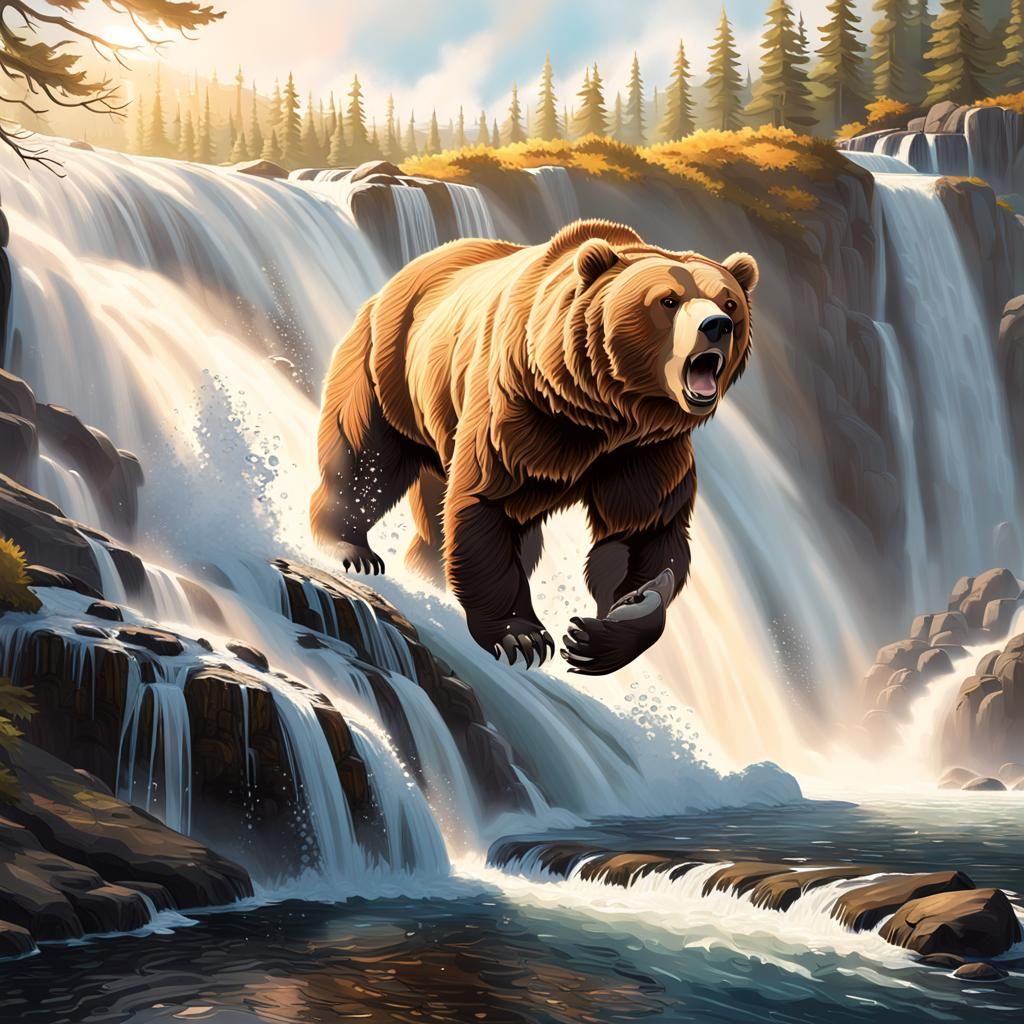 Brown Grizzly Bear Catches Salmon Over Waterfall in Photorea...