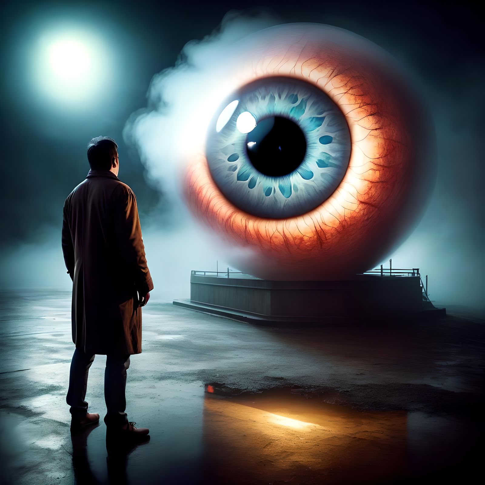 Man Gazing at Gigantic Eyeball in Fog