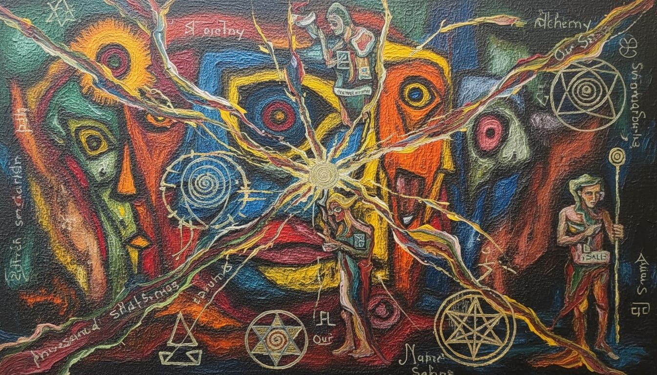 Escher-Inspired Alchemy Hieroglyphs in Cubist Storm