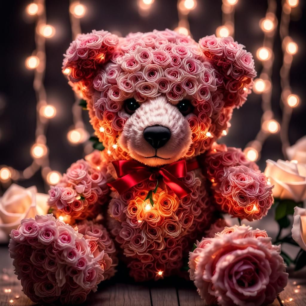Rose Teddy Bear with Twinkle Lights: Hyperrealistic Render