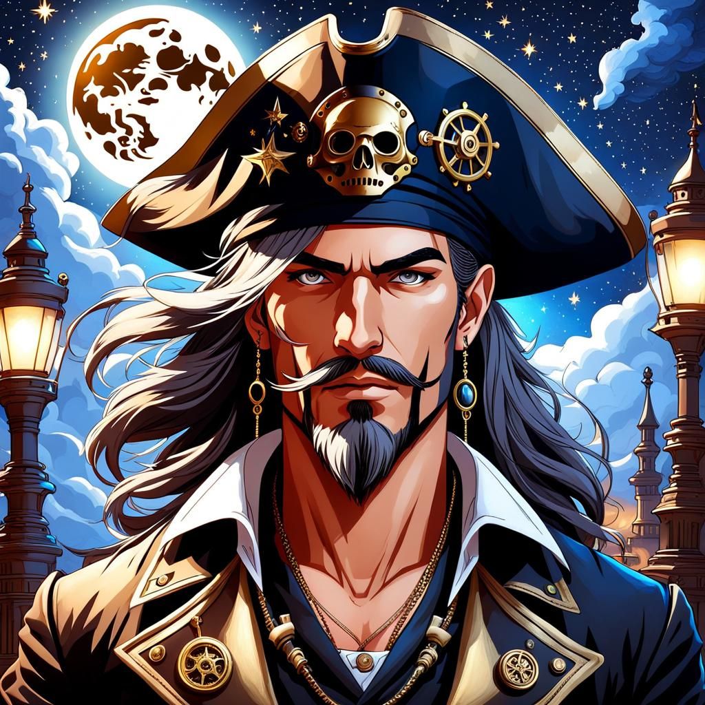 Steampunk Pirate Under Starry Moonlit Sky