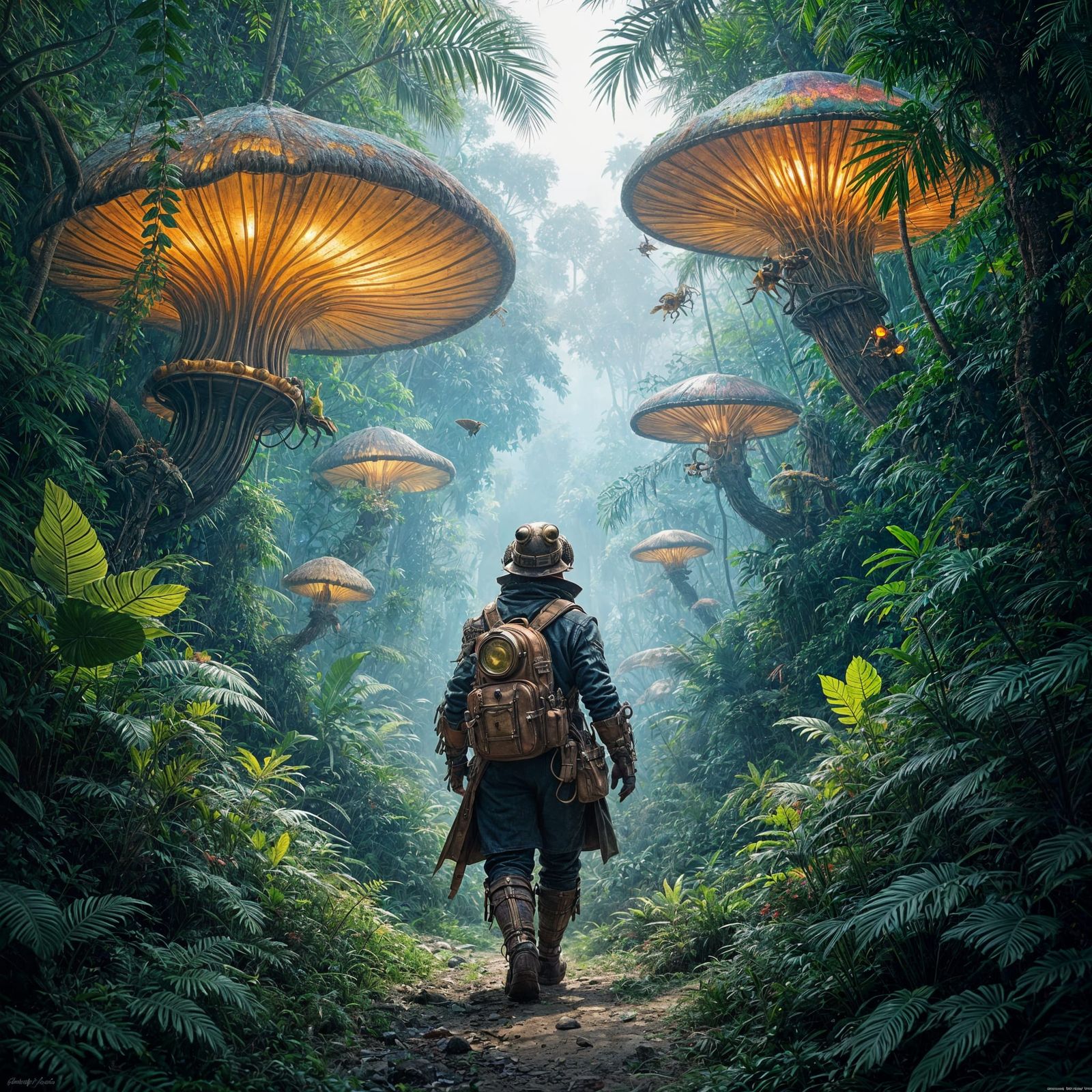Steampunk Explorer in Bioluminescent Jungle