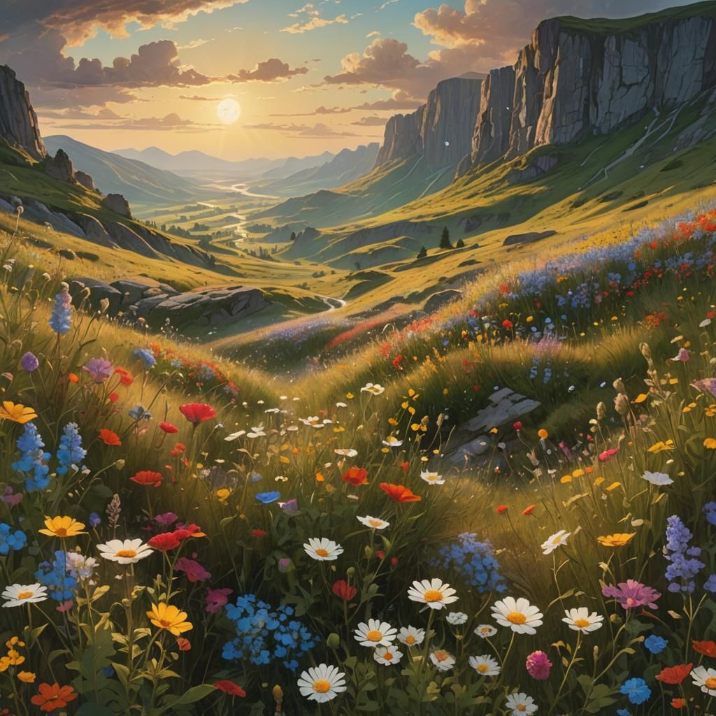 Scenic Valley of Wildflowers in Surrealist Landscape