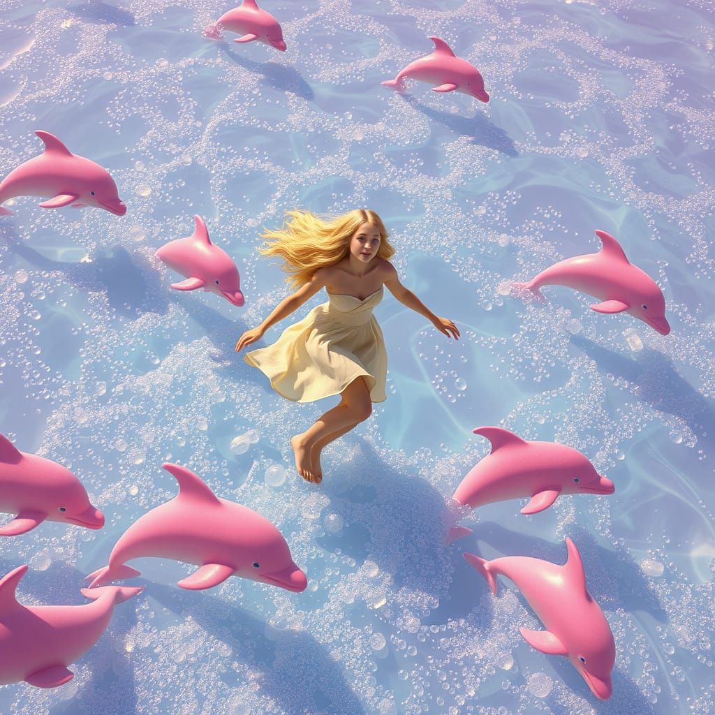 Woman Glides Over Soda Sea with Candy Dolphins