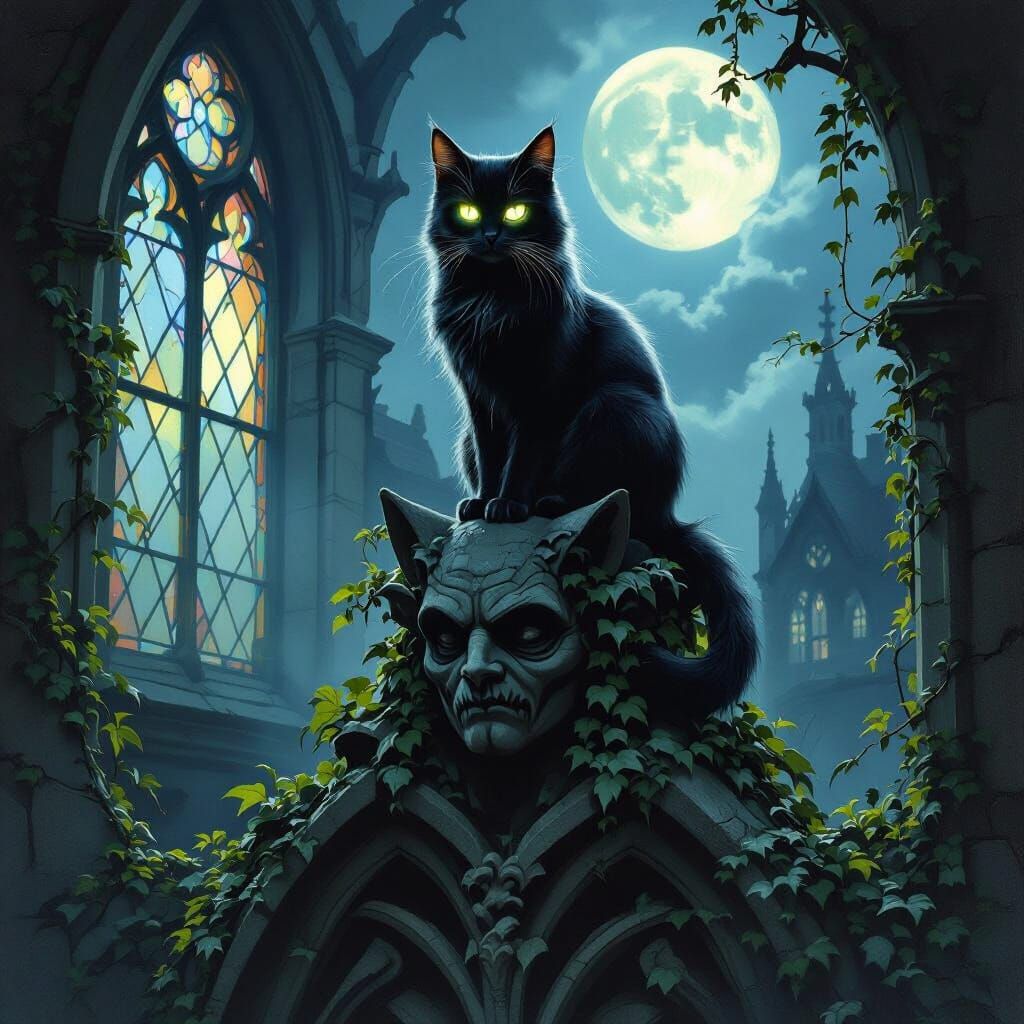 Ethereal Cat on Gargoyle in Moonlight