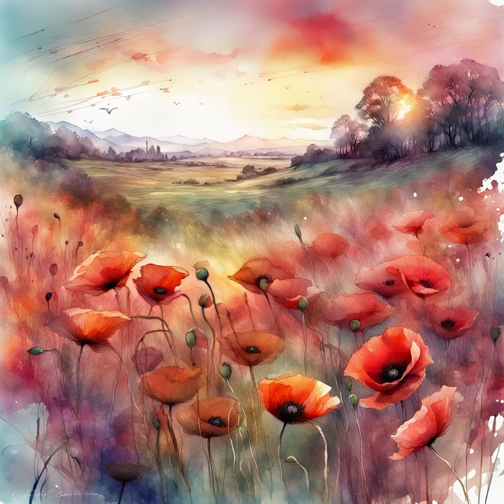 Vibrant Poppy Field: Digital Watercolor Art