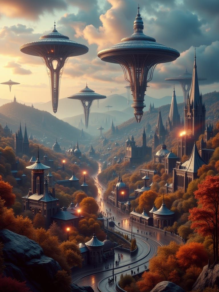 Future amusement park with robotic UFO & aliens