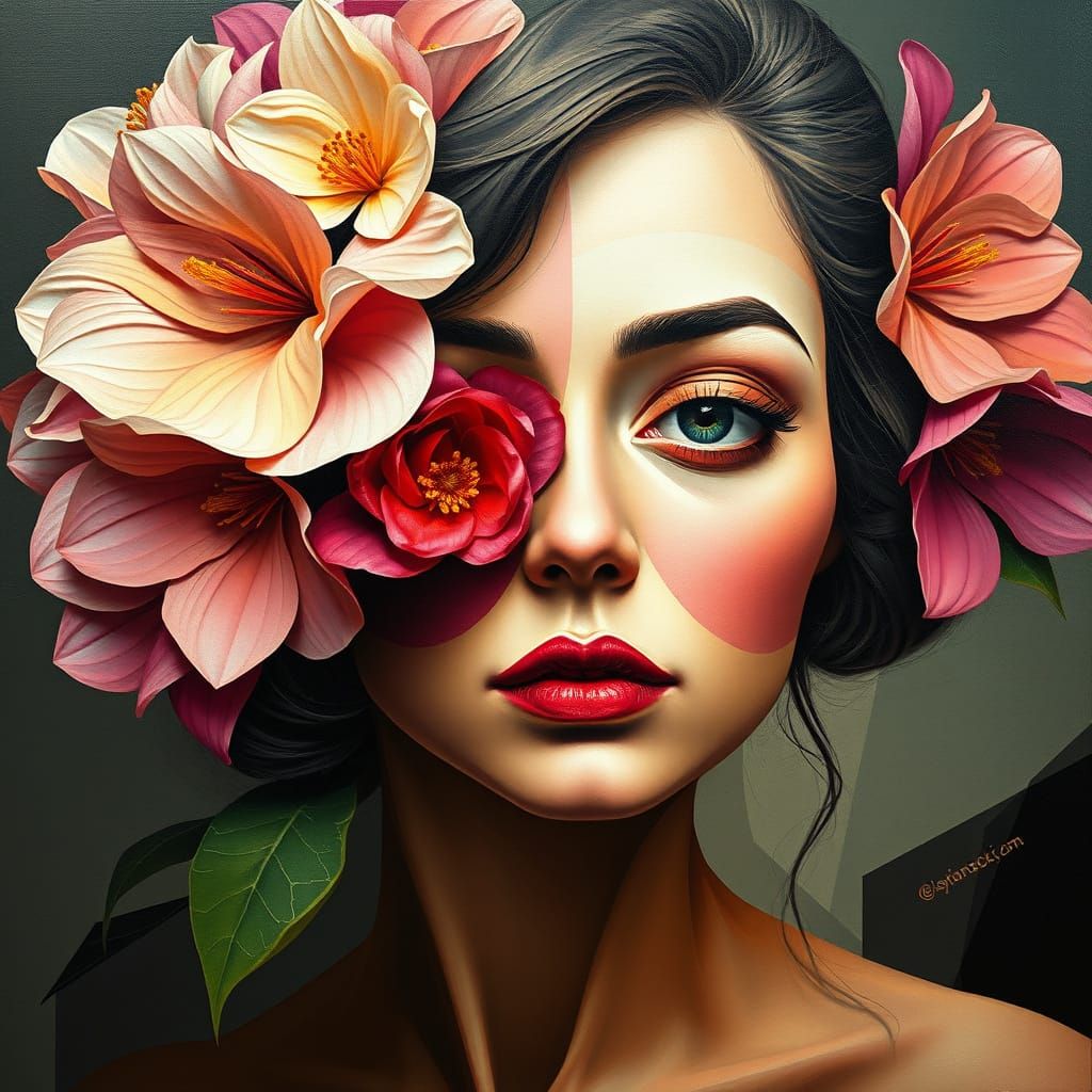 Surreal Carnation Woman Portrait in Cubist Style