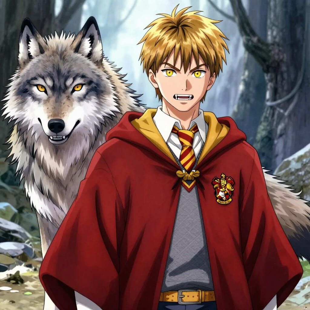 Gryffindor Student with Gold Eyes and Wolf Companion