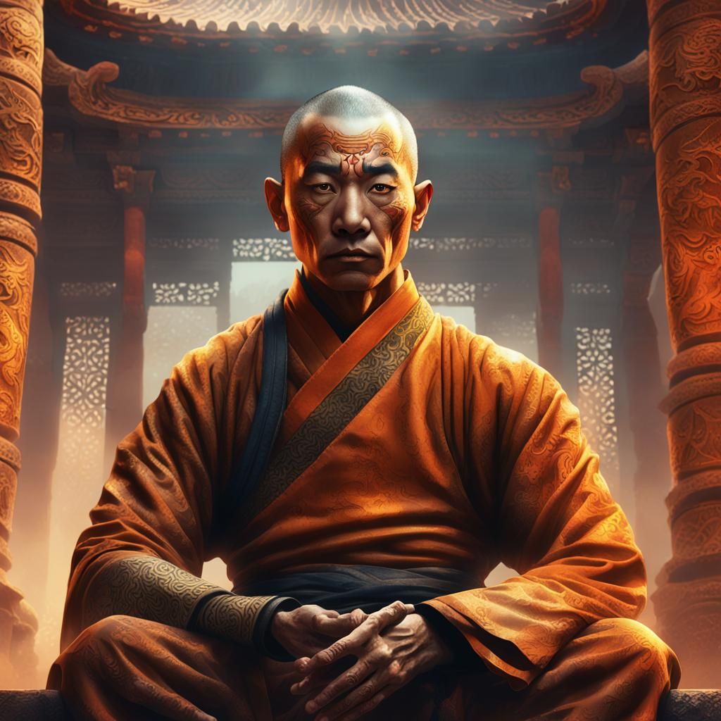 Shaolin Monk Meditating in Ancient Temple
