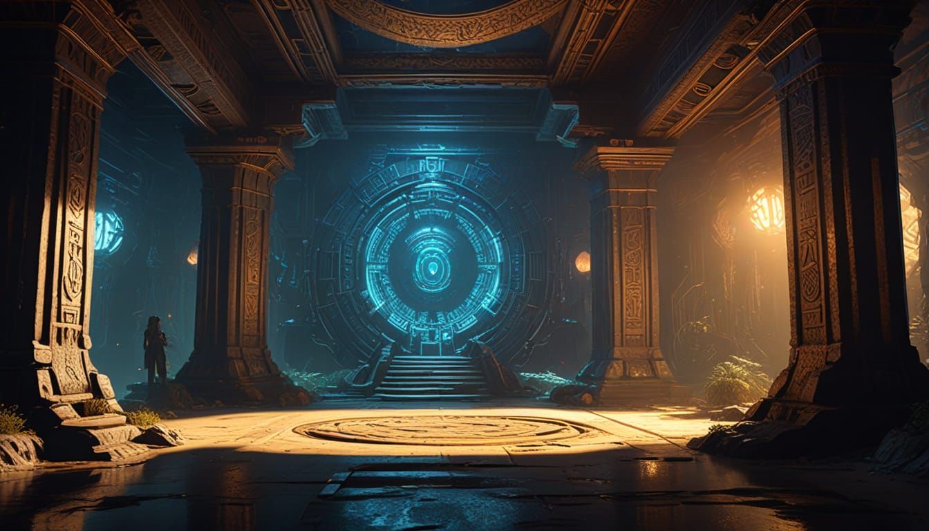 Space Crooks and Guardian in Alien Temple: Fantasy Art